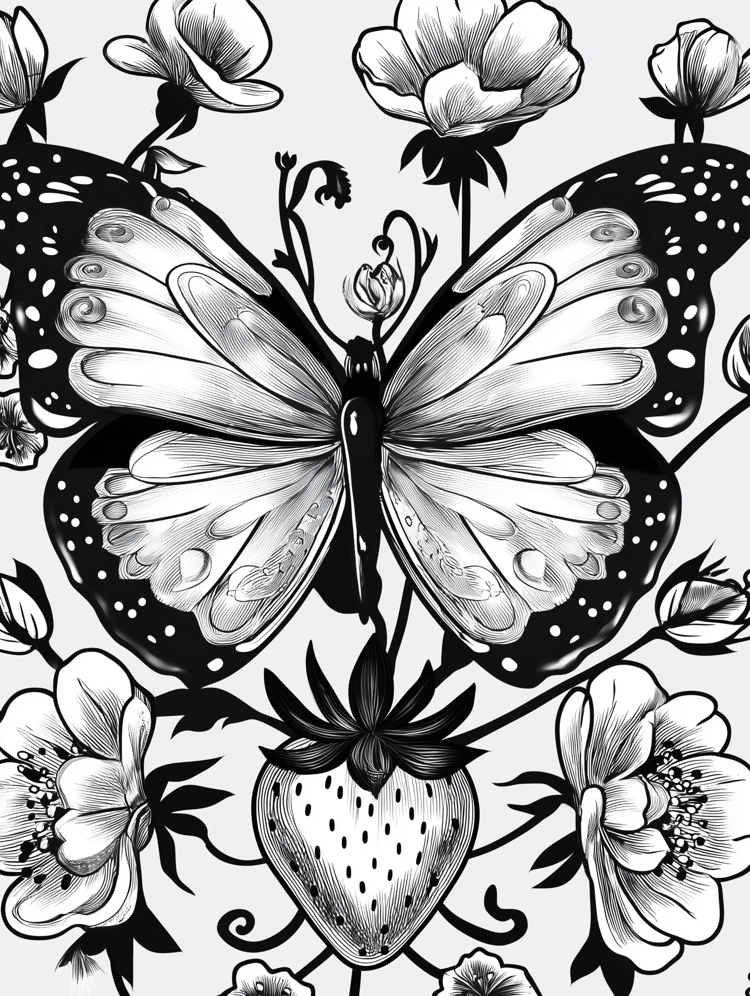 Free printable butterfly coloring page for adults featuring a butterfly with a strawberry